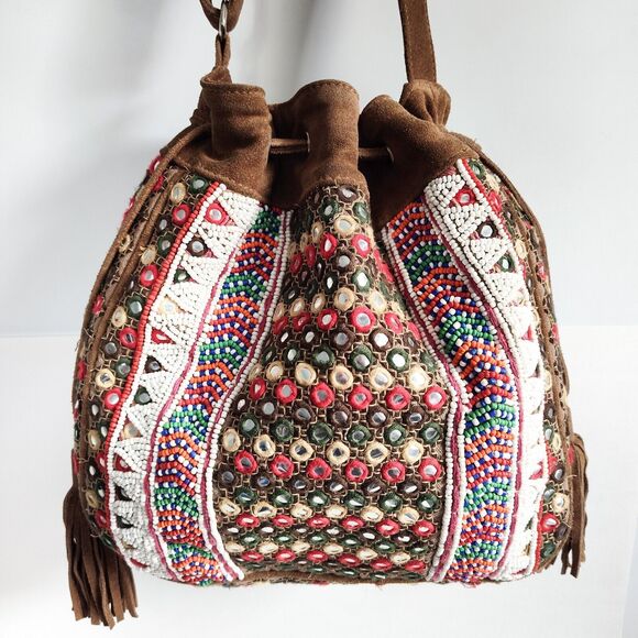 SHASHI Handbags - Revolve Shashi Boho Suede Embroidered Tan Brown Fringe Western Bucket Bag Anthro